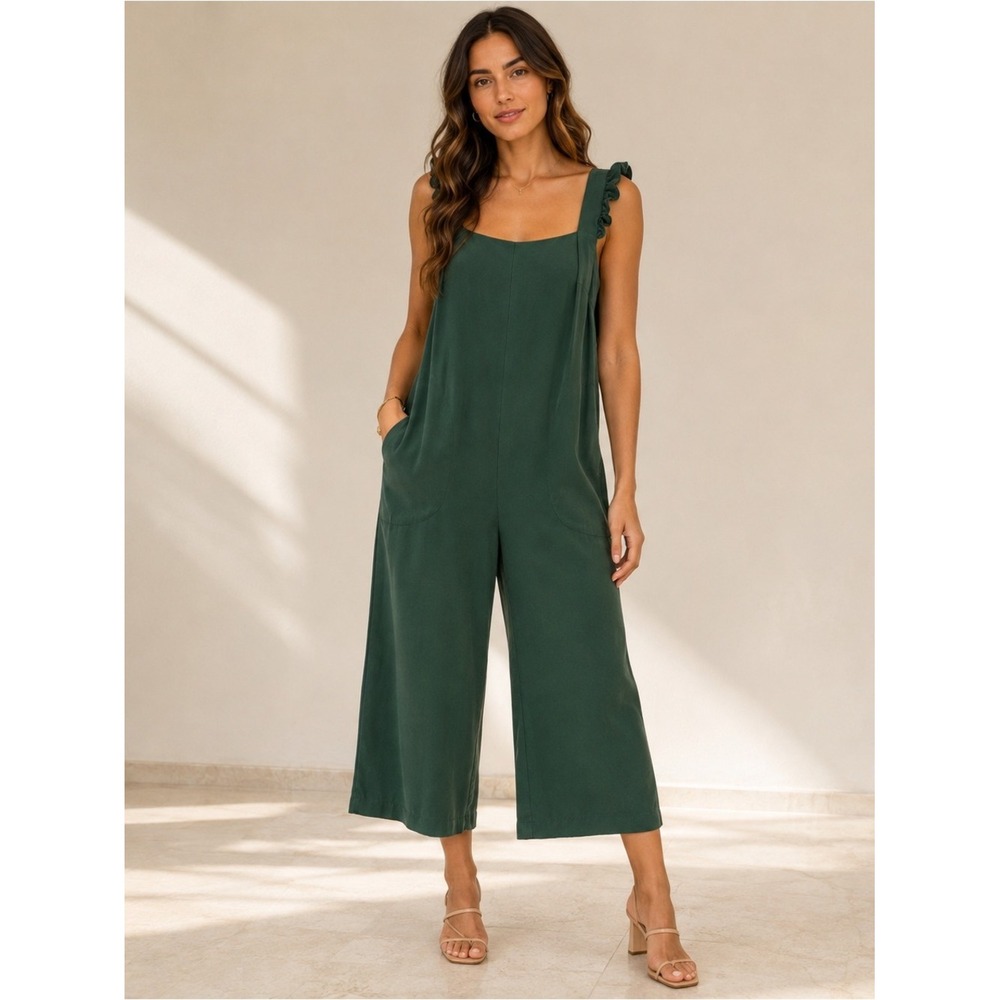 BCBG Generation Green Ruffle Strap Wide Leg Jumpsuit Romper XS